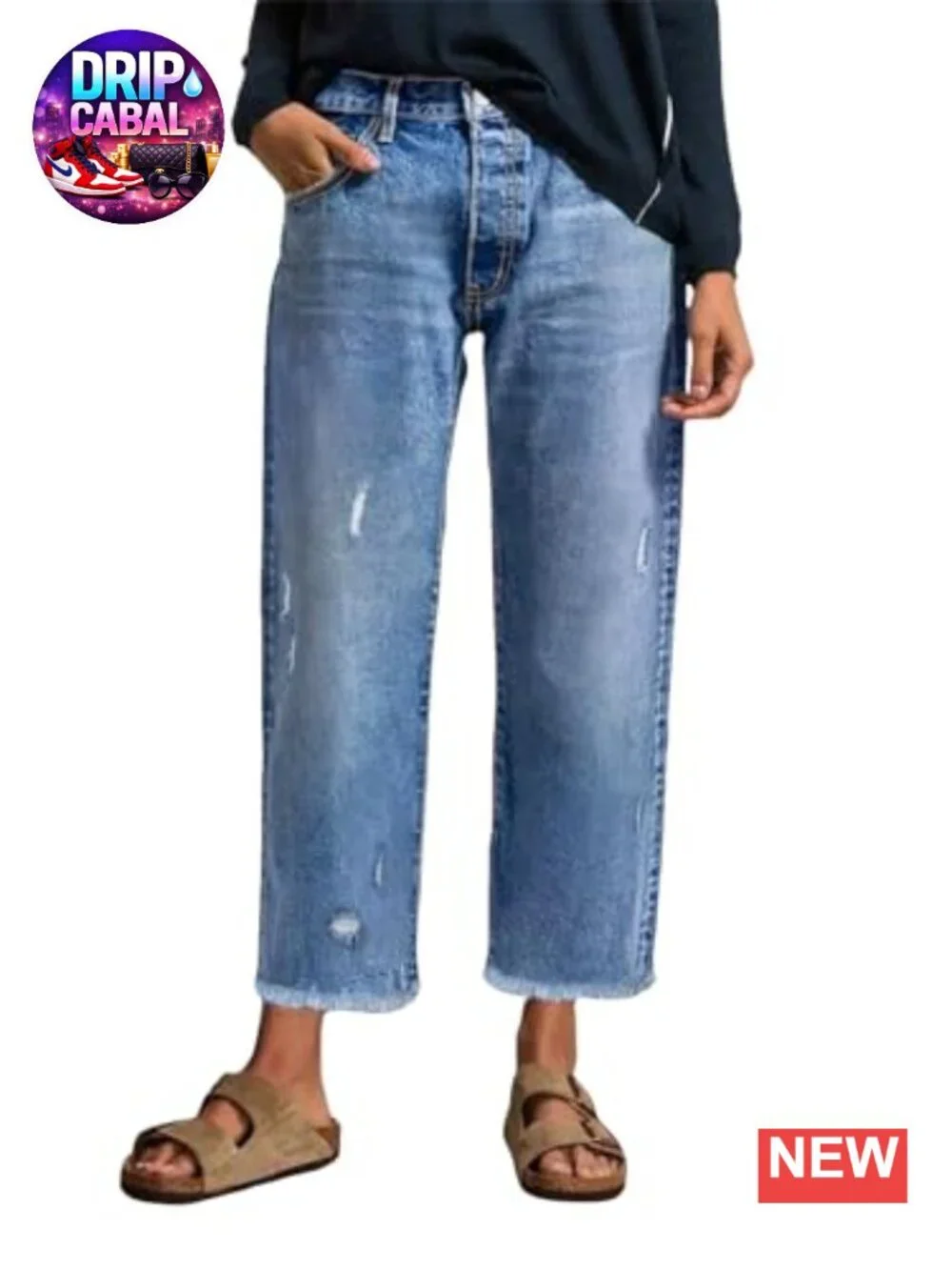 EVALESS Women's Stretchy Distressed Straight Leg Boyfriend Jeans with Raw Hem